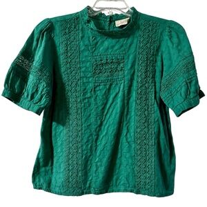 Emerald Green Lace-Trim Short Sleeve Blouse